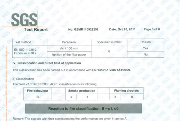 FR B1 ALUMINIUM COMPOSITE PANEL TEST REPORT