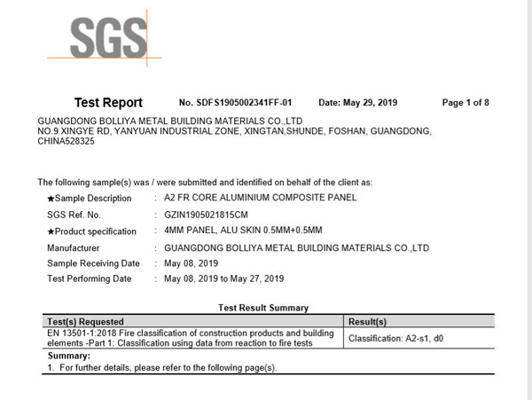A2 FR Aluminium Composite Panel (ACP) report